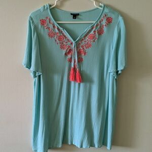 Torrid Aqua Blouse with Coral Embroidery